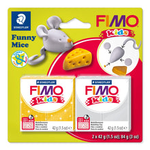 Lade das Bild in den Galerie-Viewer, FIMO® kids 8035 funny kits-Sets Set &#39;Funny Mice&#39; auf Blisterkarte Inhalt: 2 Blöcke á 42 g (glitter gold, grau), Anleitung
