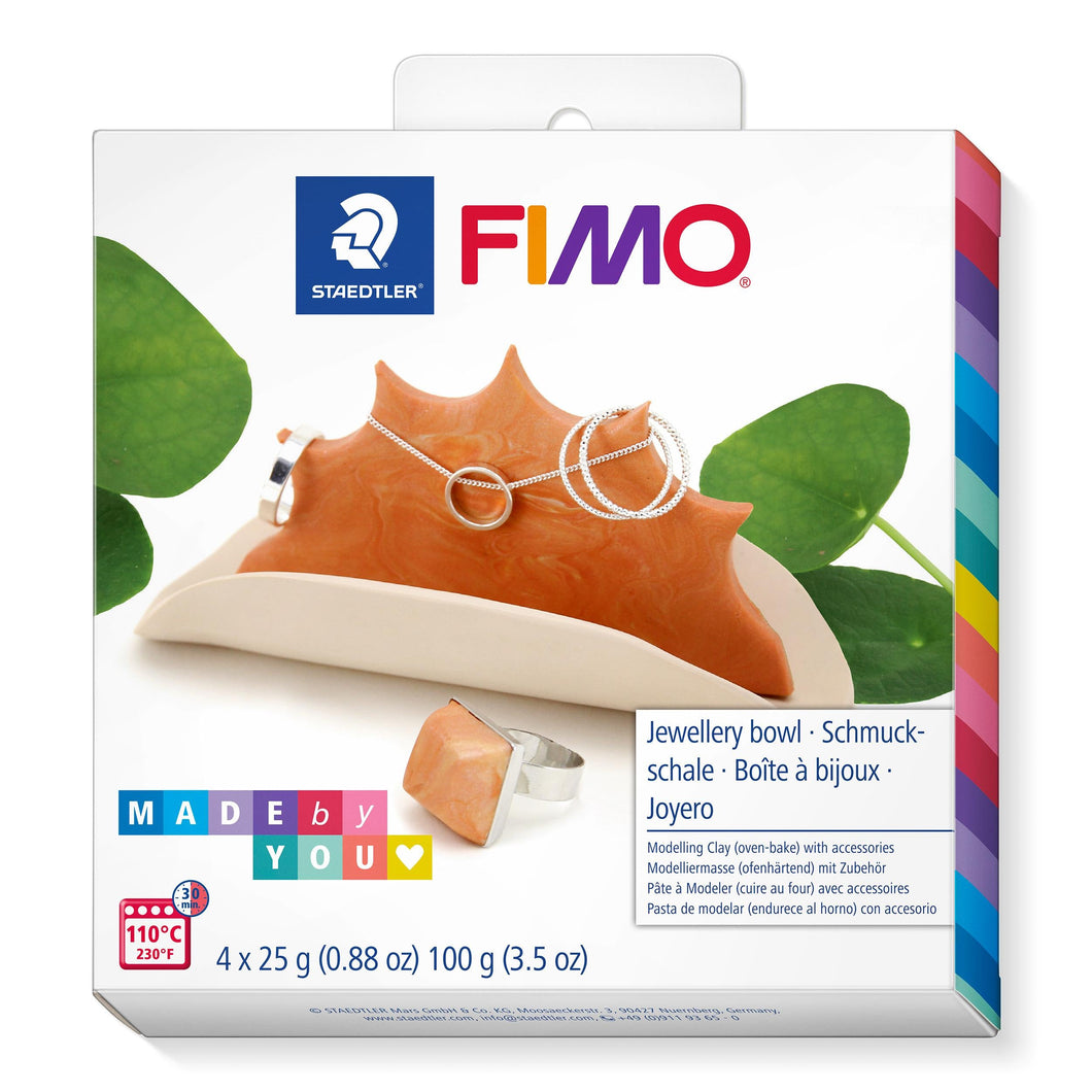 FIMO 8025 DIY Ofenhärtende Modelliermasse, DIY-Set „Schmuckschale“ mit 4 Halbblöcken á 25 g (2 x sahara, cognac, perlmutt), 1 Ring, Schnittmuster, 1 Modellieranleitung